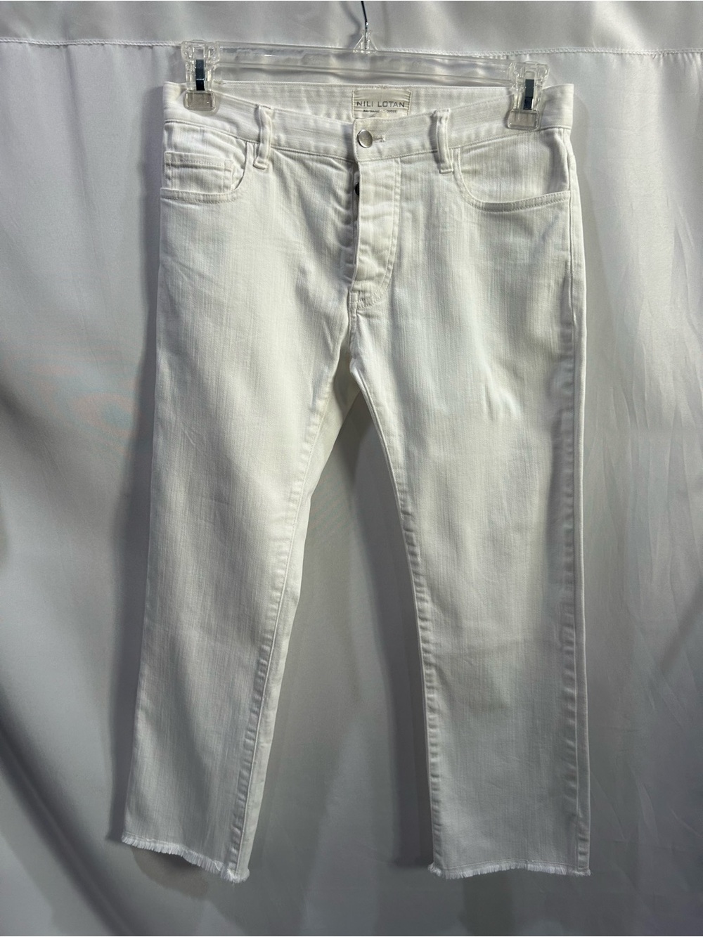 Nili Lotan White Cropped straight Leg Button Fly Raw Hem Jeans LN